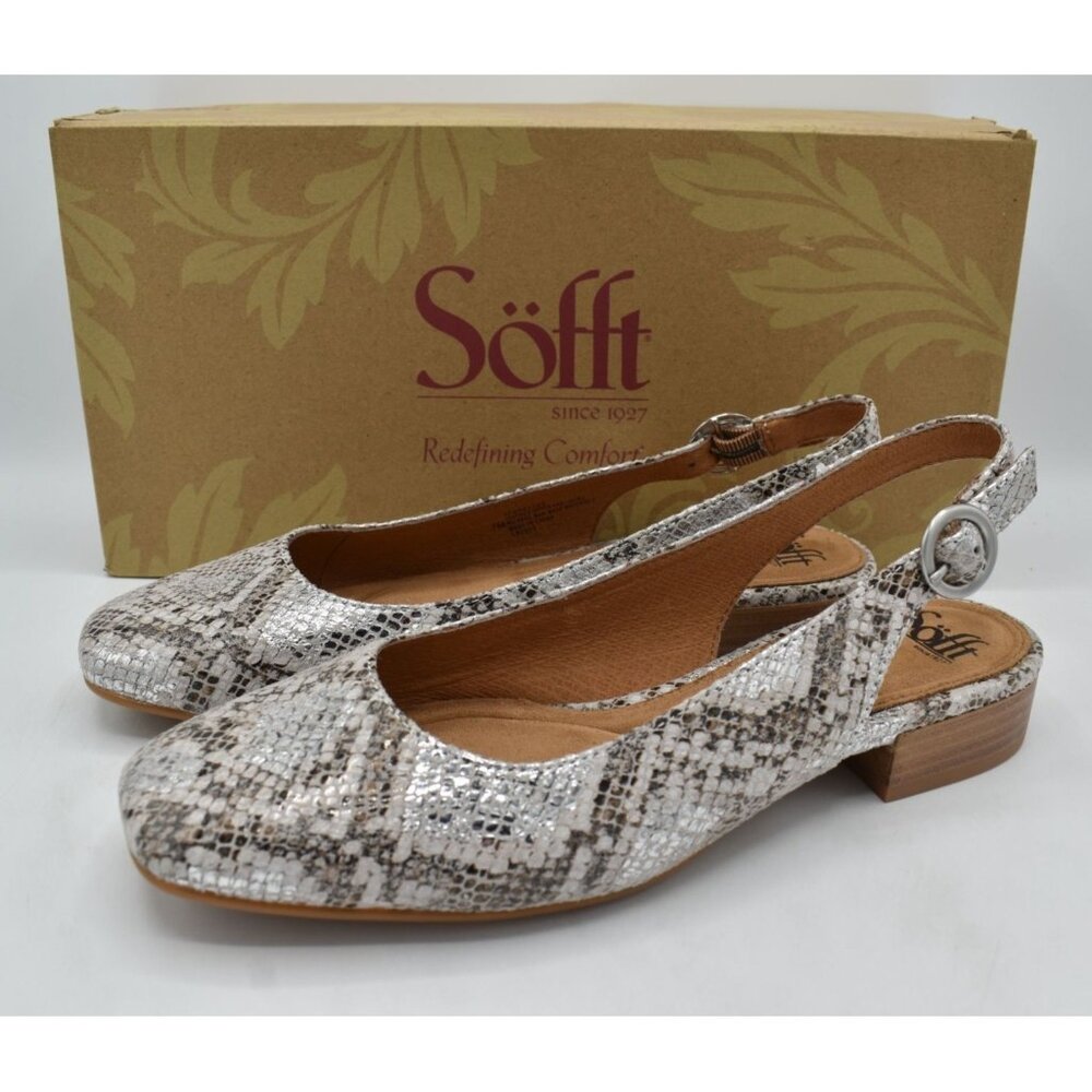 Sofft Women Size 7.5 Endora Silver Snake Animal Print Slingback Ballet Flats